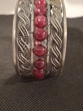 Handcrafted Silver-Tone Bracelet with Red Bead Accents